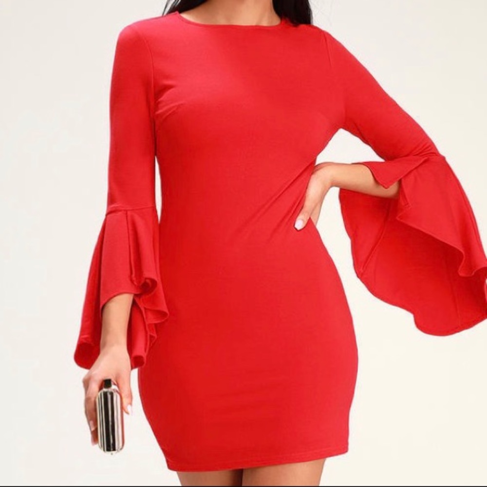Gimme Some Flair Red Flounce Sleeve Bodycon Dress View 2